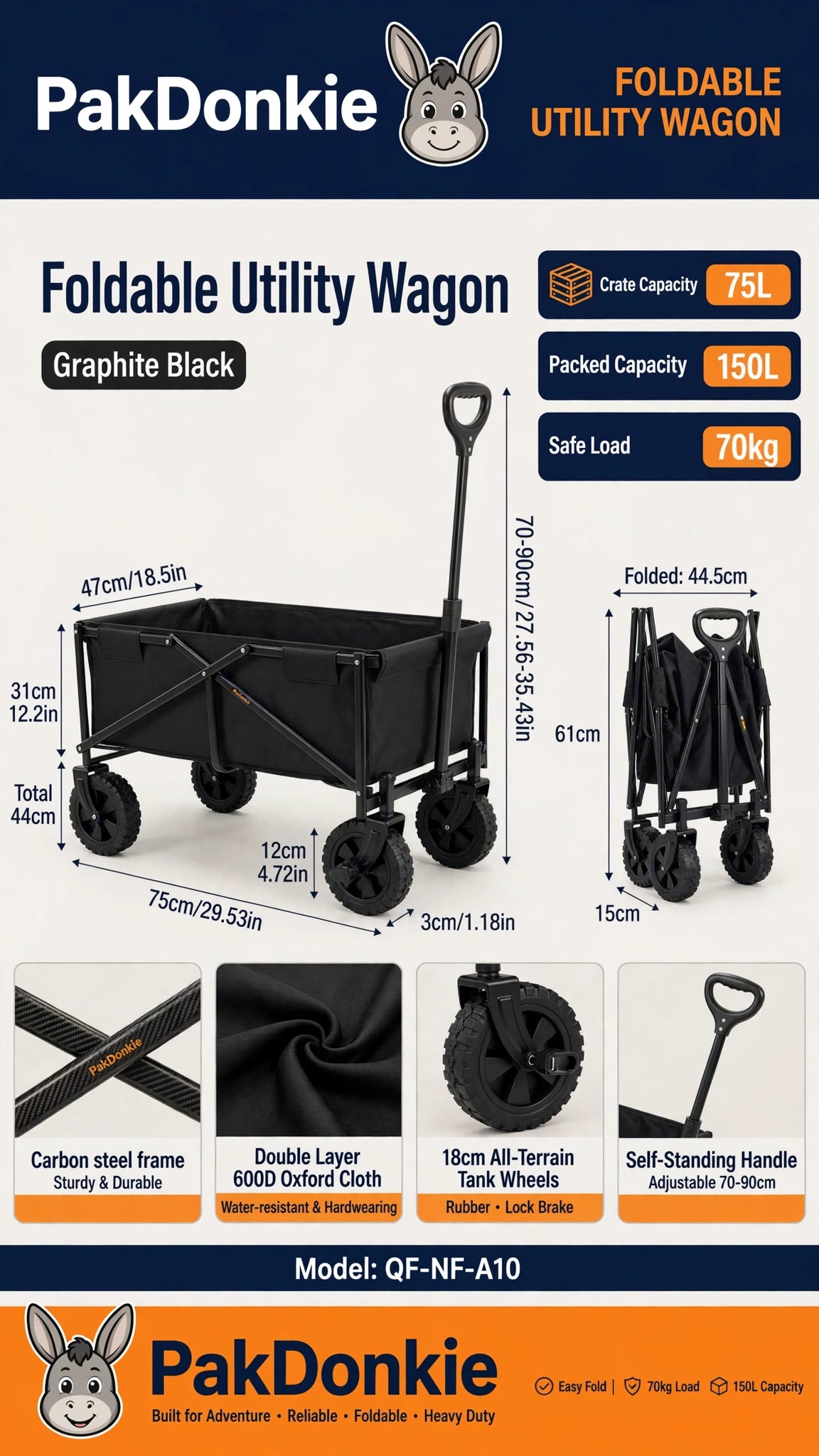 PAKDONKIE 150 L Foldable Utility Wagon, 70 kg